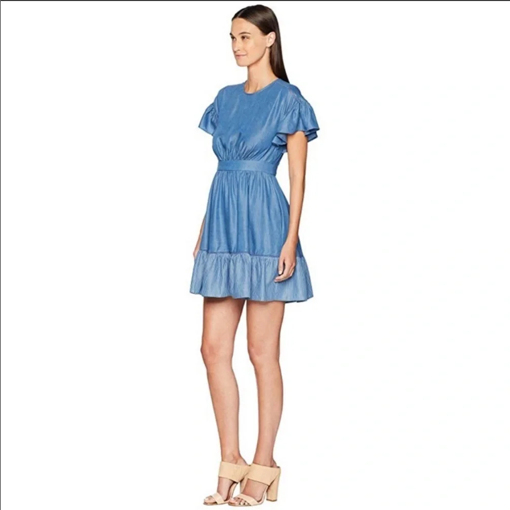 NEW KATE SPADE Chambray Fluffer Sleeve Ruffle Hem Indigo Mini Dress size 8 - Picture 2 of 16